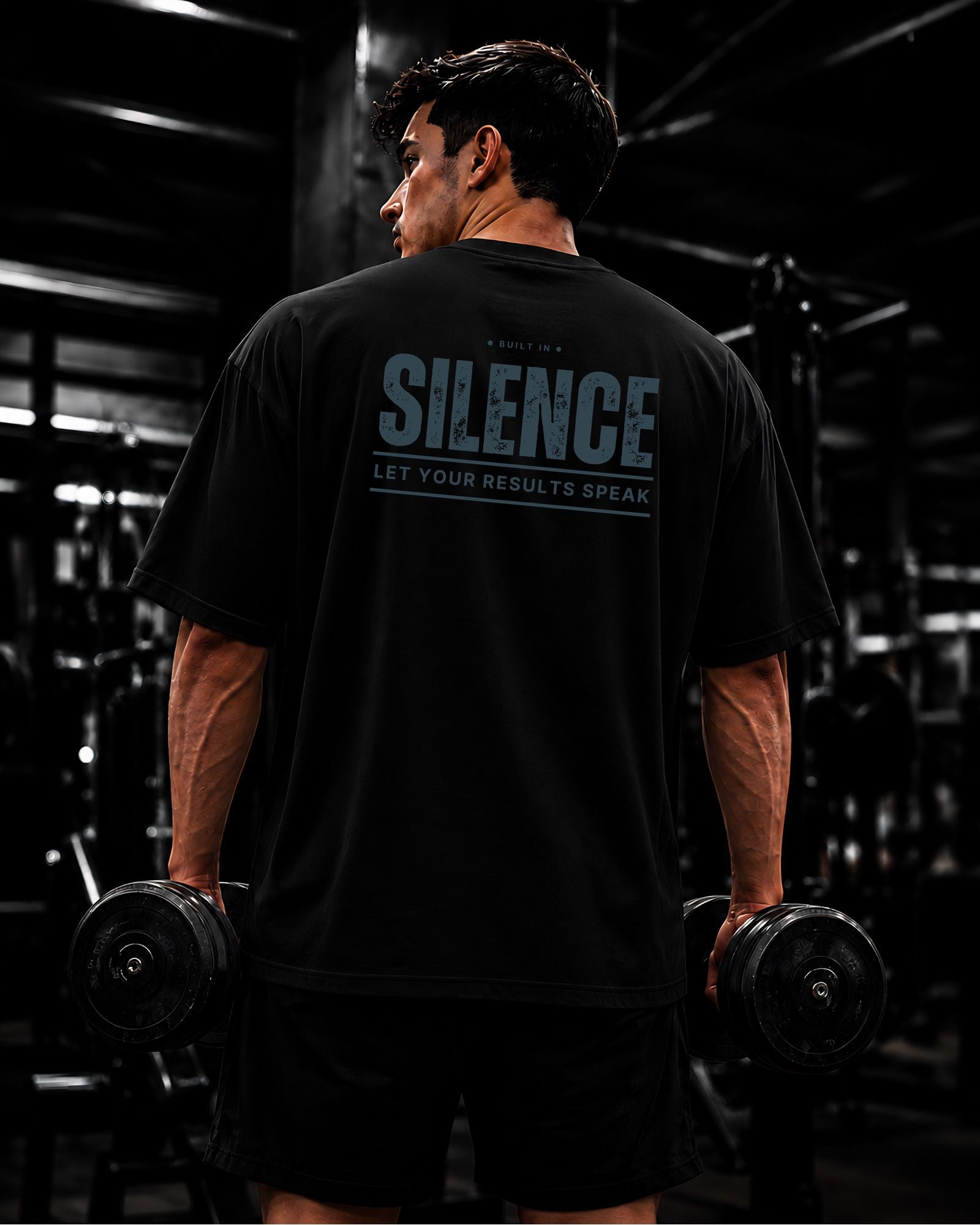 Polo oversize gym con frase "SILENCE | RESULTS SPEAK"