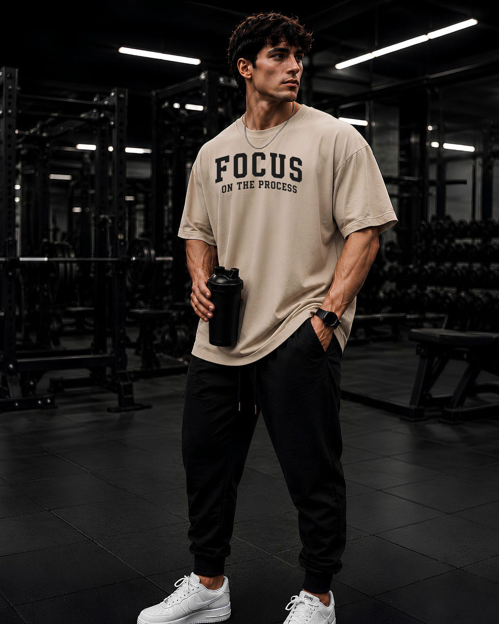 modelo usando polo streetwear color beige focus