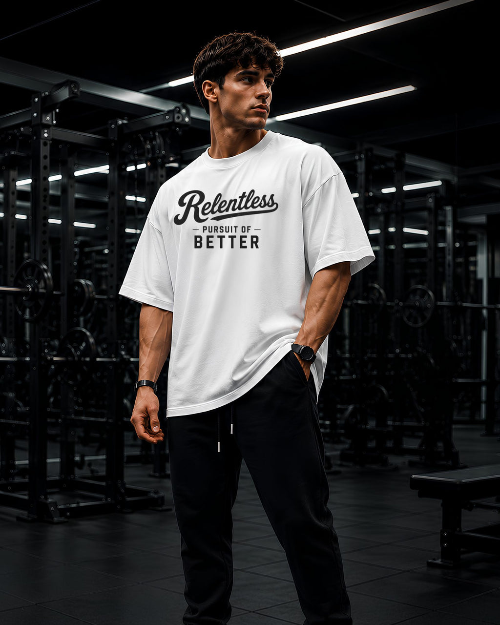 Modelo usando polo oversized RELENTLESS PURSUIT OF BETTER para gym y streetwear 