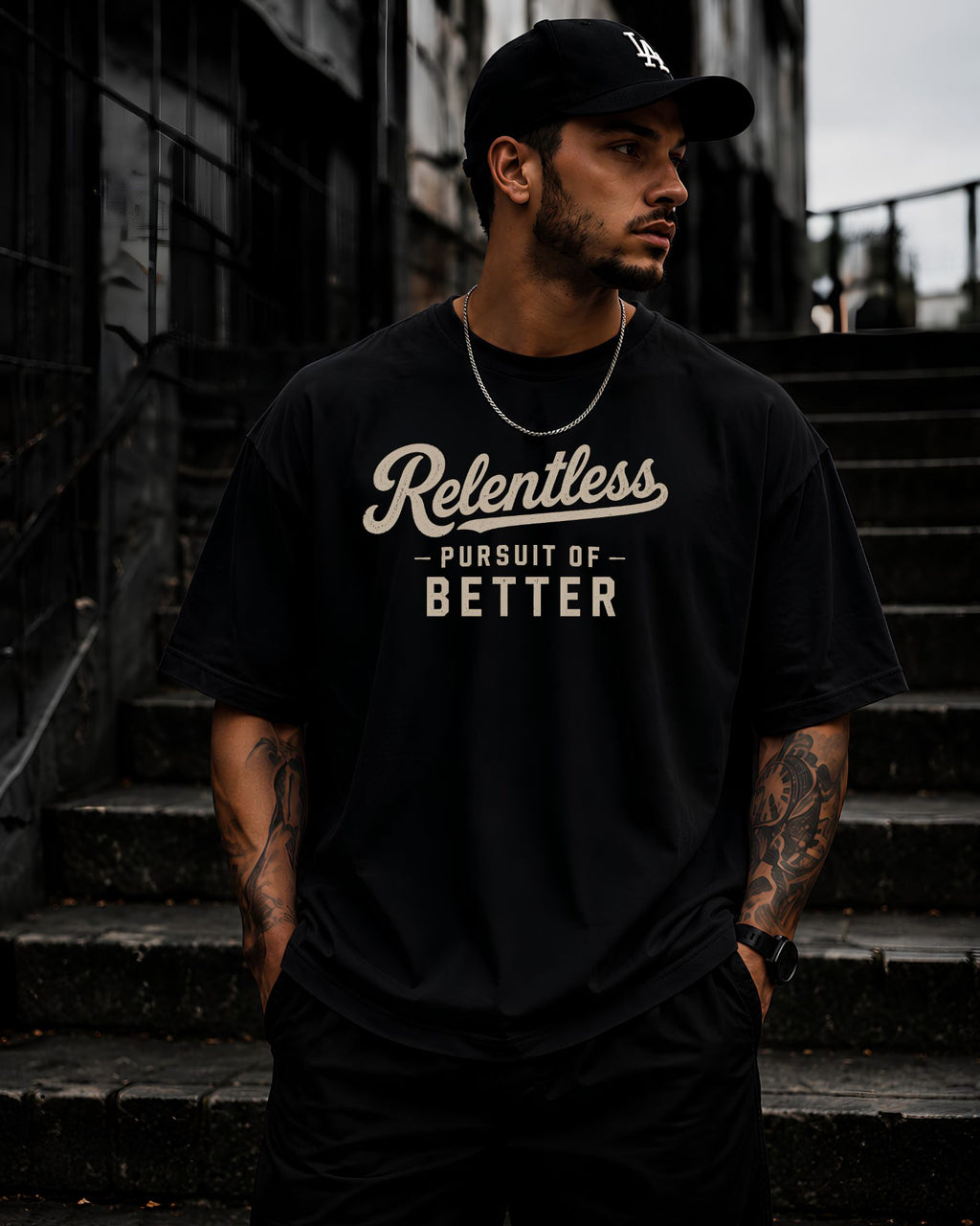 Polo oversized heavyweight RELENTLESS PURSUIT OF BETTER estilo athletic streetwear COLOR NEGRO DE FRENTE