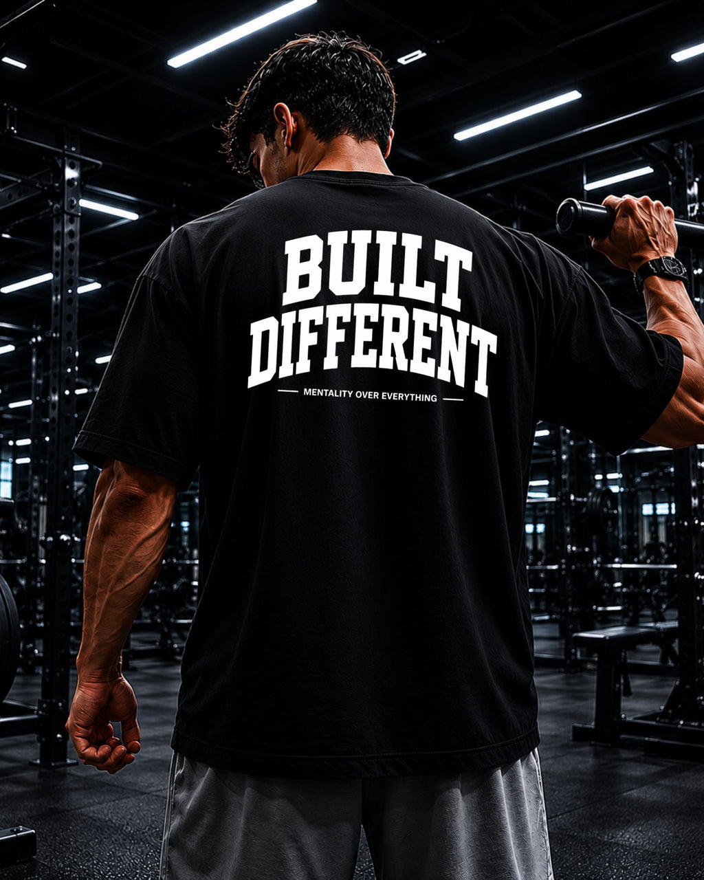 Polo oversized heavyweight BUILT DIFFERENT para gym y streetwear confeccionado en algodón premium 20/1 detalle negro