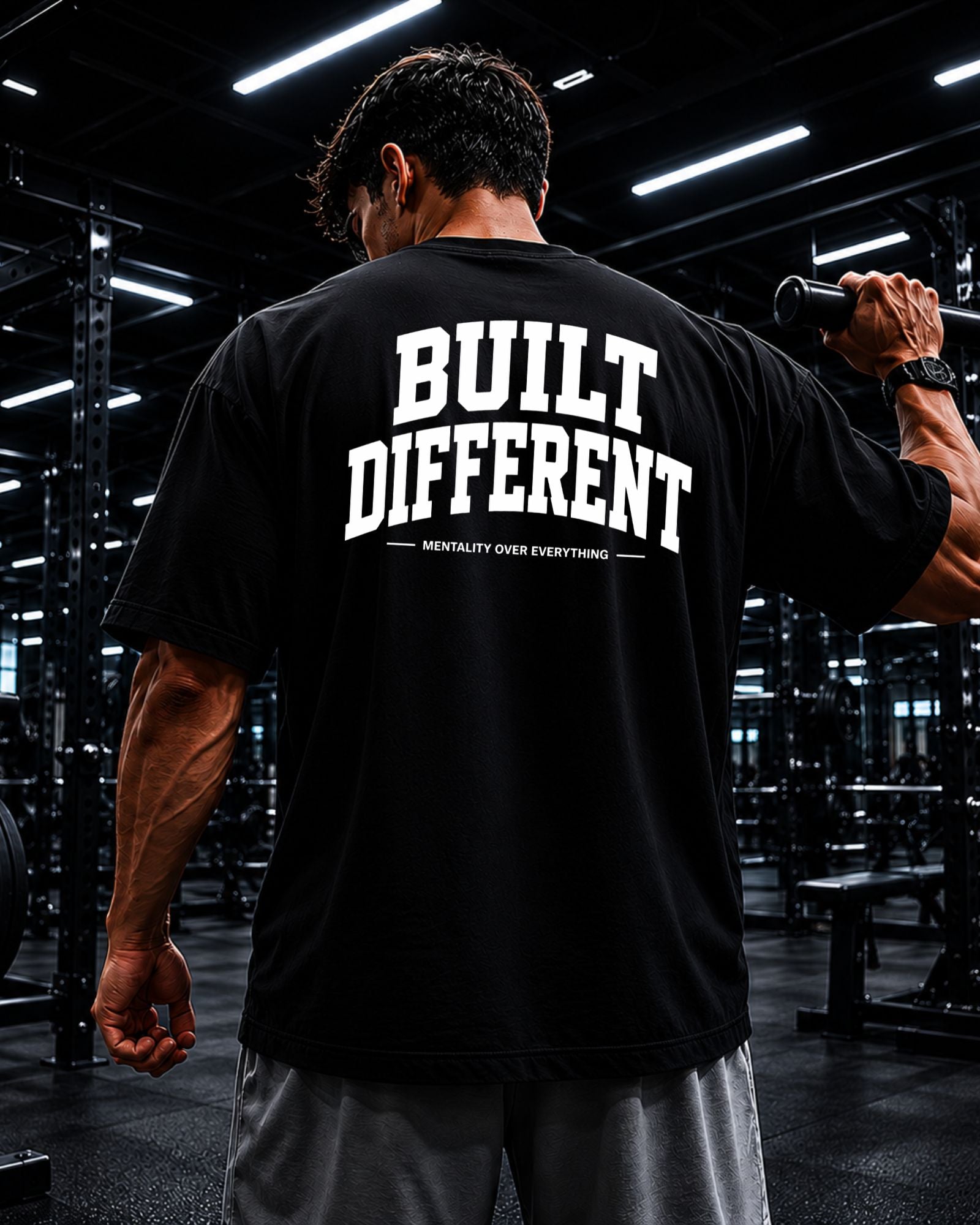 Polo oversized heavyweight BUILT DIFFERENT para gym y streetwear confeccionado en algodón premium 20/1 detalle negro