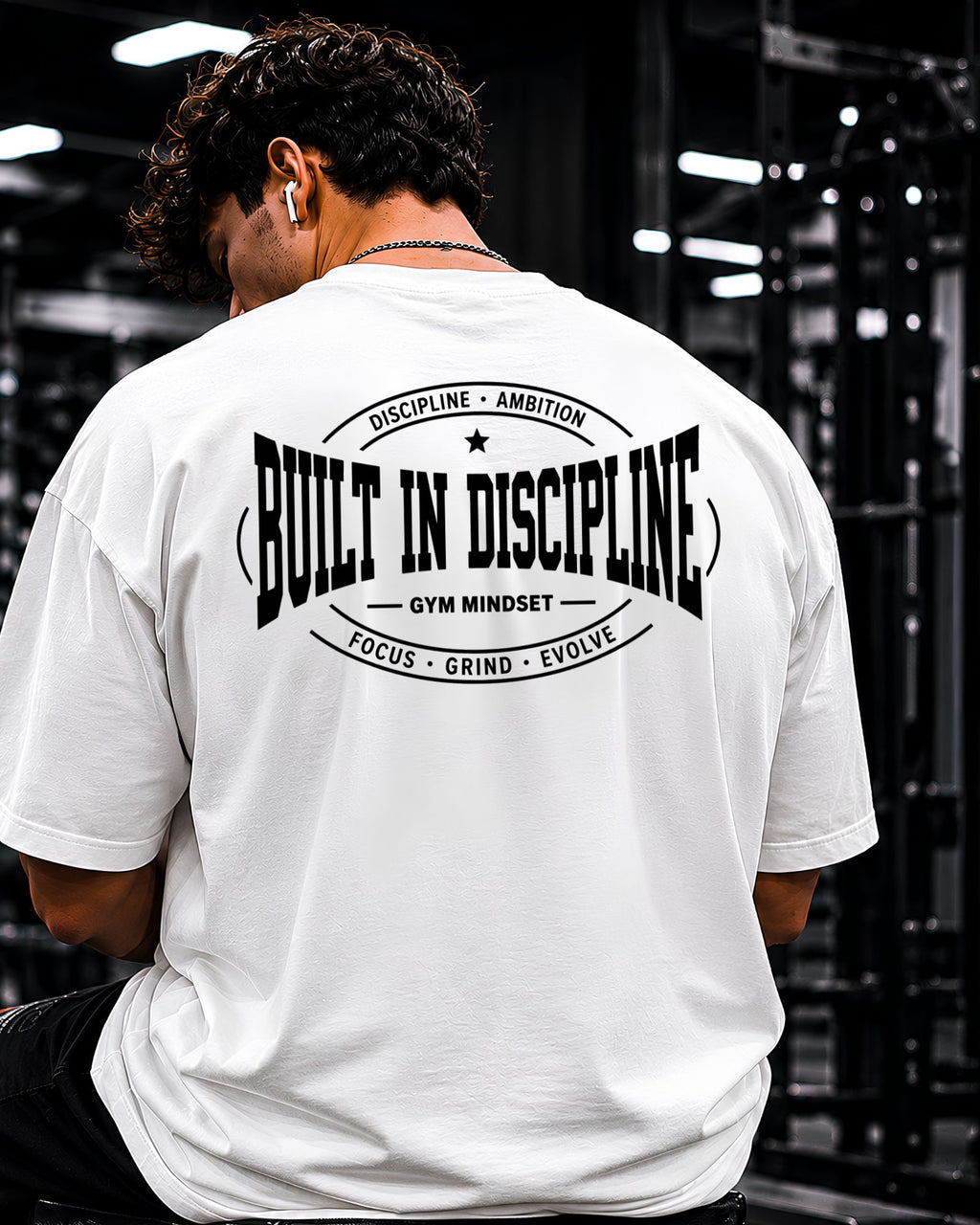 Diseño trasero BUILT IN DISCIPLINE en polo heavyweight oversized  color blanco SLNX