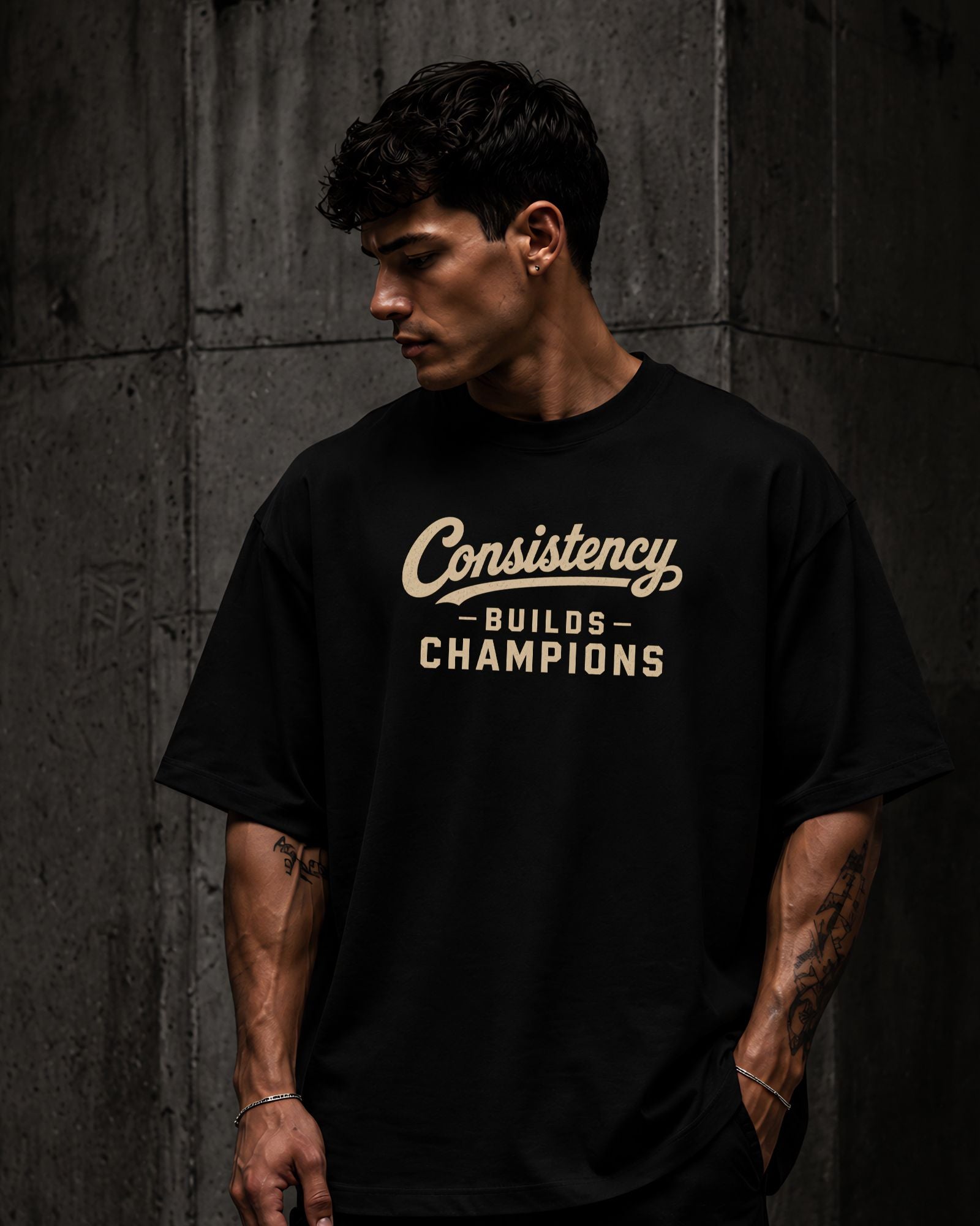 Polo oversized heavyweight CONSISTENCY BUILDS CHAMPIONS estilo athletic streetwear color negro