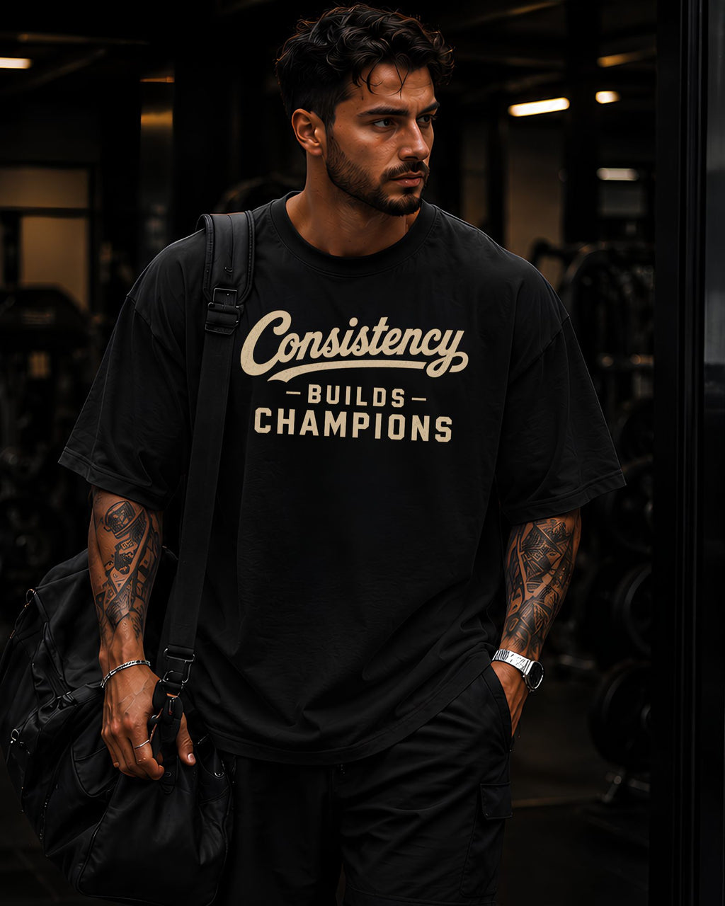 Modelo usando polo oversized CONSISTENCY BUILDS CHAMPIONS para gym y streetwear