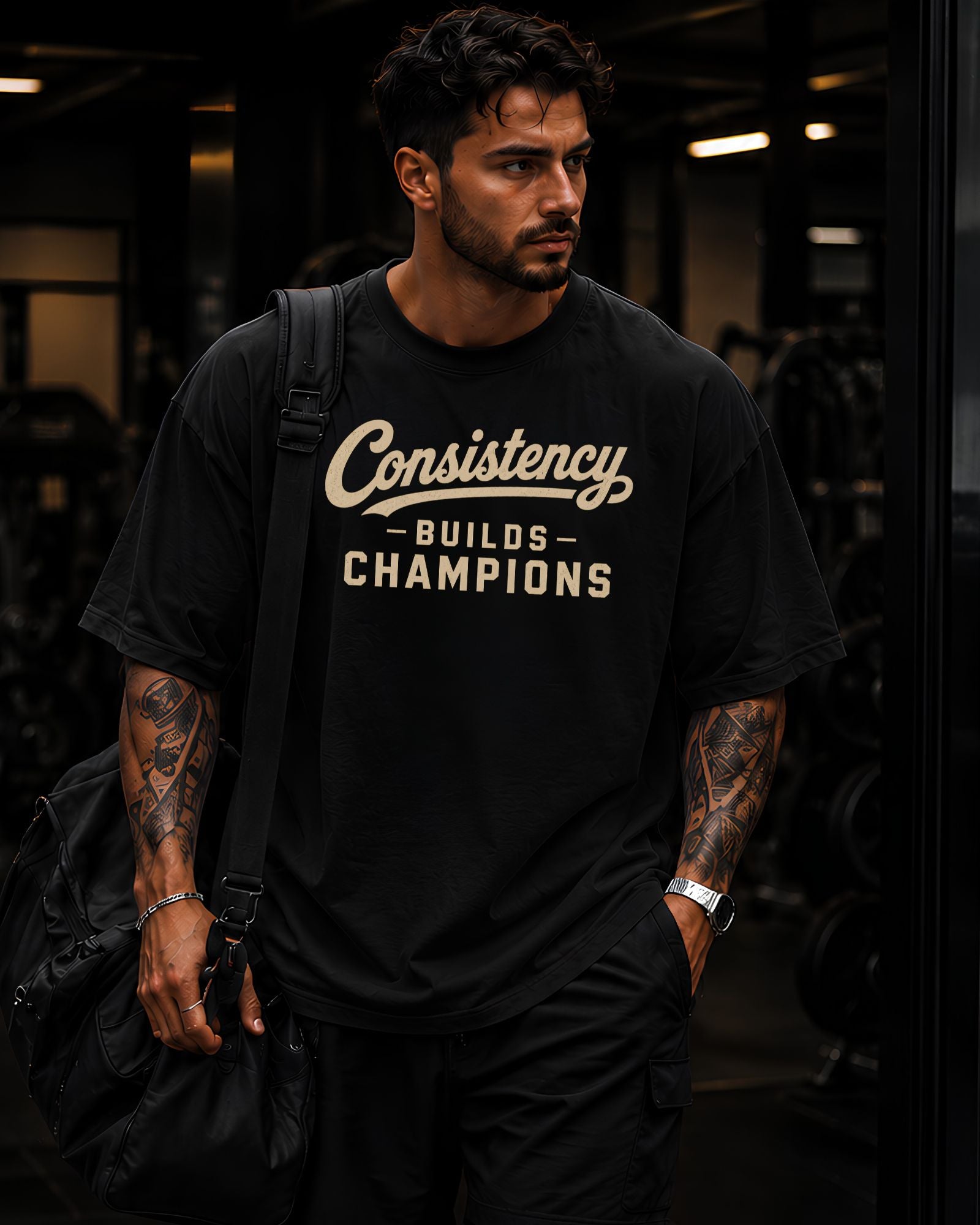 Modelo usando polo oversized CONSISTENCY BUILDS CHAMPIONS para gym y streetwear