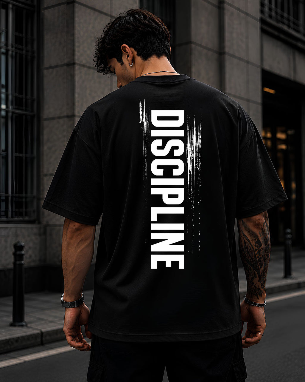 Polo oversized DISCIPLINE estilo athletic streetwear en outfit urbano color negro