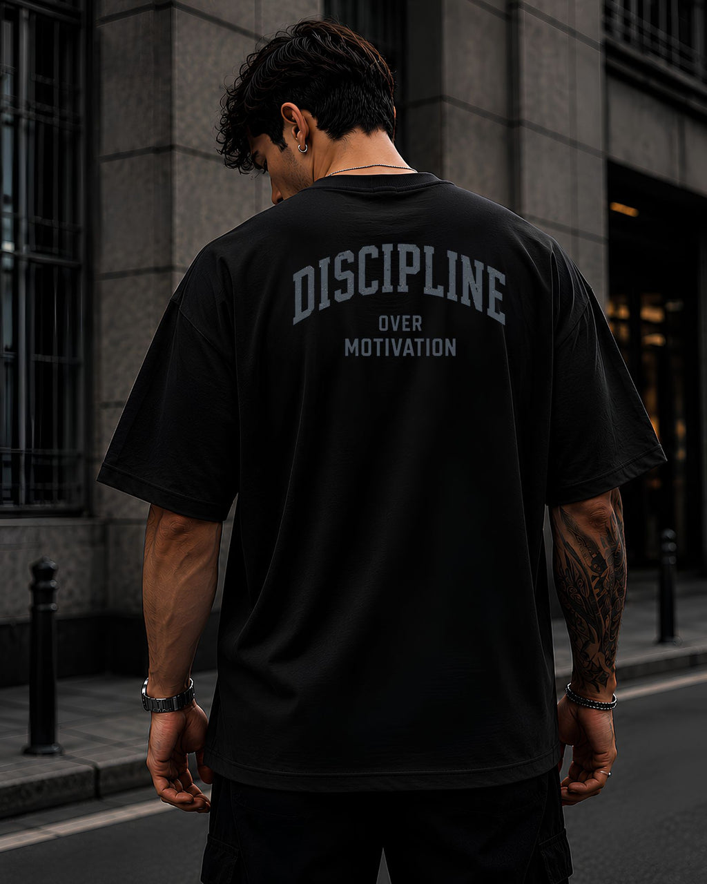 Polo oversize heavyweight DISCIPLINE OVER MOTIVATION para gym y streetwear confeccionado en algodón premium 20/1 detalle negro