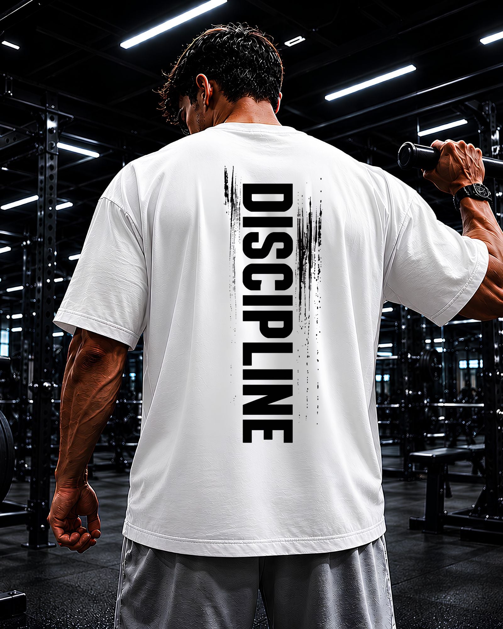 Modelo usando polo oversized heavyweight DISCIPLINE para gym y athletic streetwear color blanco