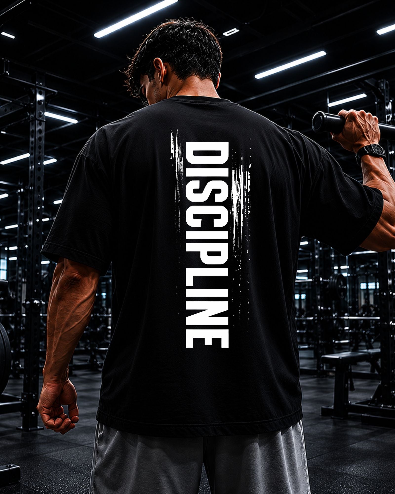 Modelo usando polo oversized heavyweight DISCIPLINE para gym y athletic streetwear