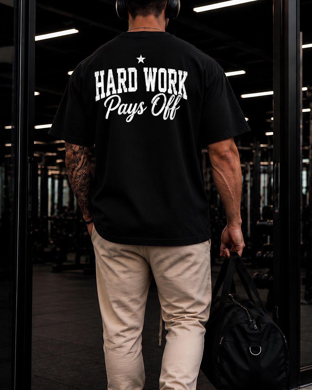 Polo oversized heavyweight HARD WORK PAYS OFF para gym y streetwear confeccionado en algodón premium 20/1 ESPALDA DETALLE