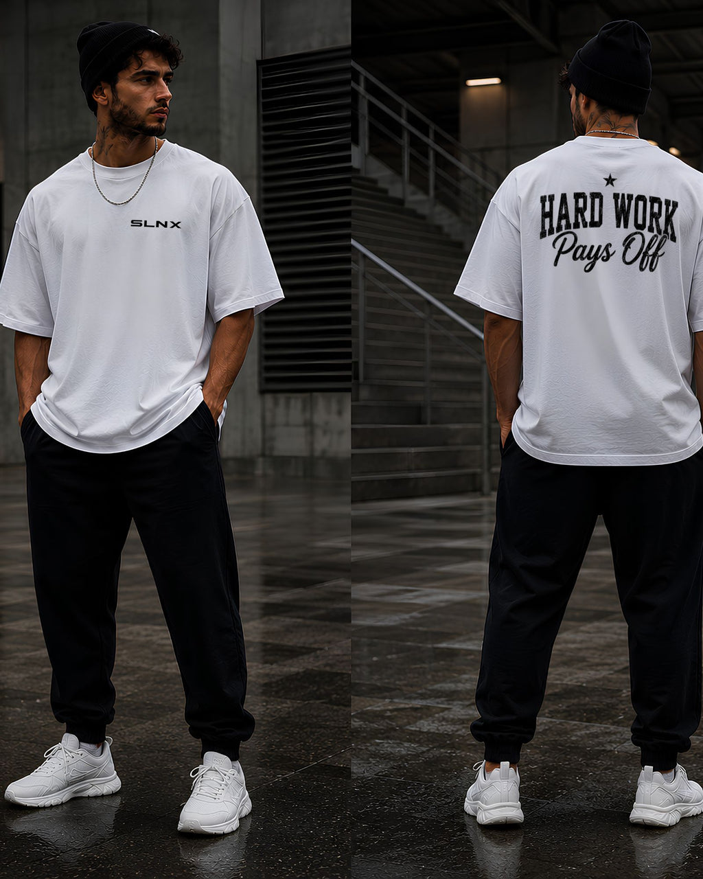 Polo oversized heavyweight HARD WORK PAYS OFF para gym y streetwear confeccionado en algodón premium 20/1 FRENTE Y ESPALDA DETALLE