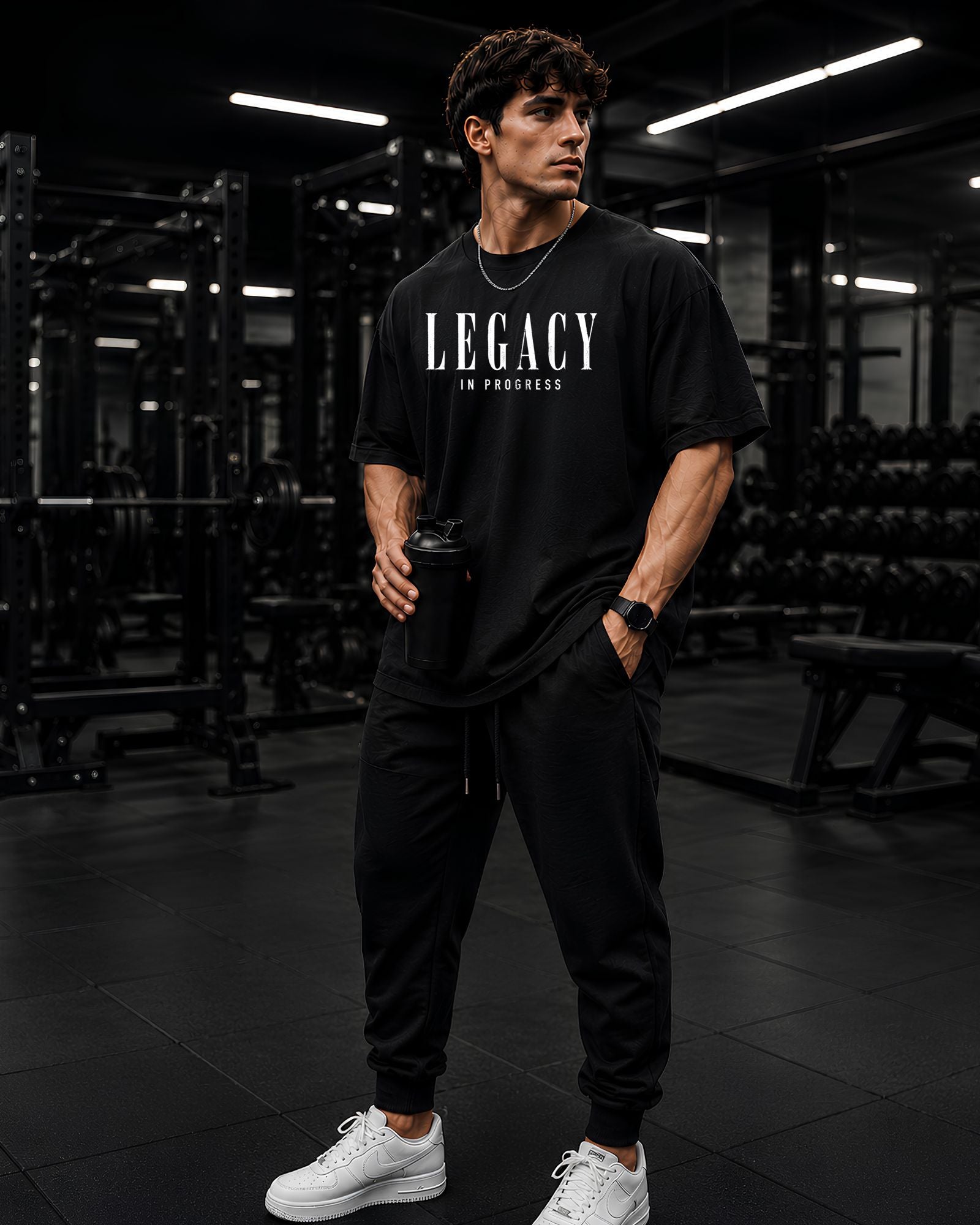 Modelo usando polo oversized LEGACY IN PROGRESS para gym y streetwear