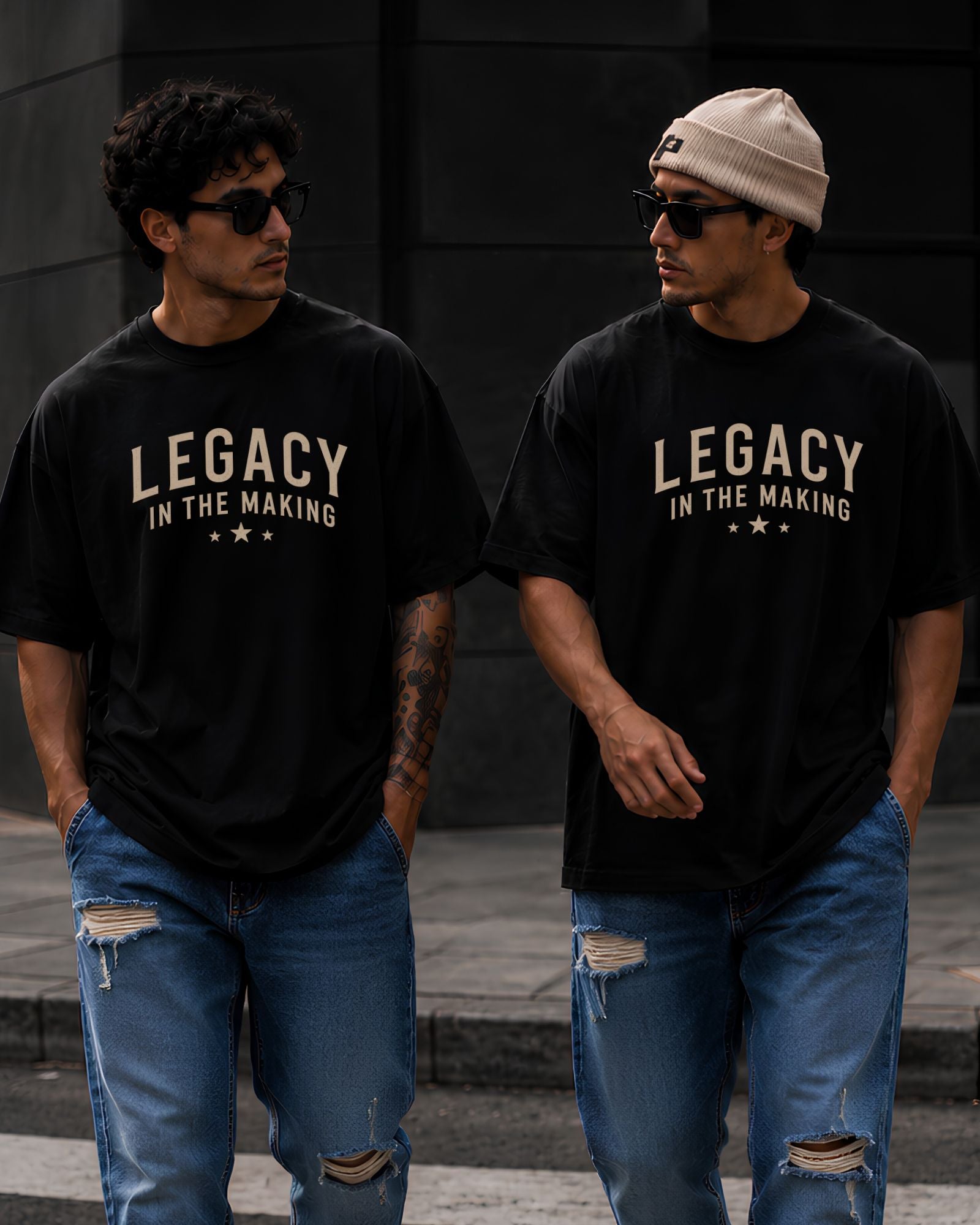 Polo oversized negro LEGACY IN THE MAKING athletic streetwear en la calle
