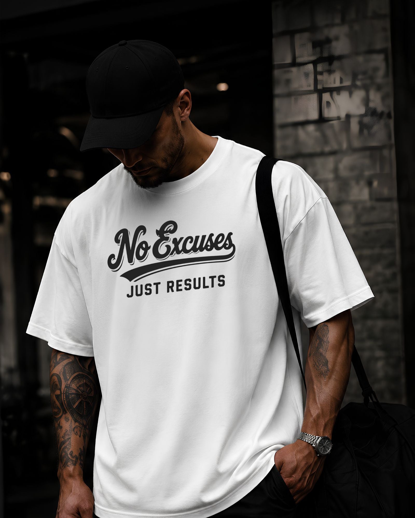 Modelo usando polo oversized NO EXCUSES JUST RESULTS para gym y streetwear COLOR BLANCO