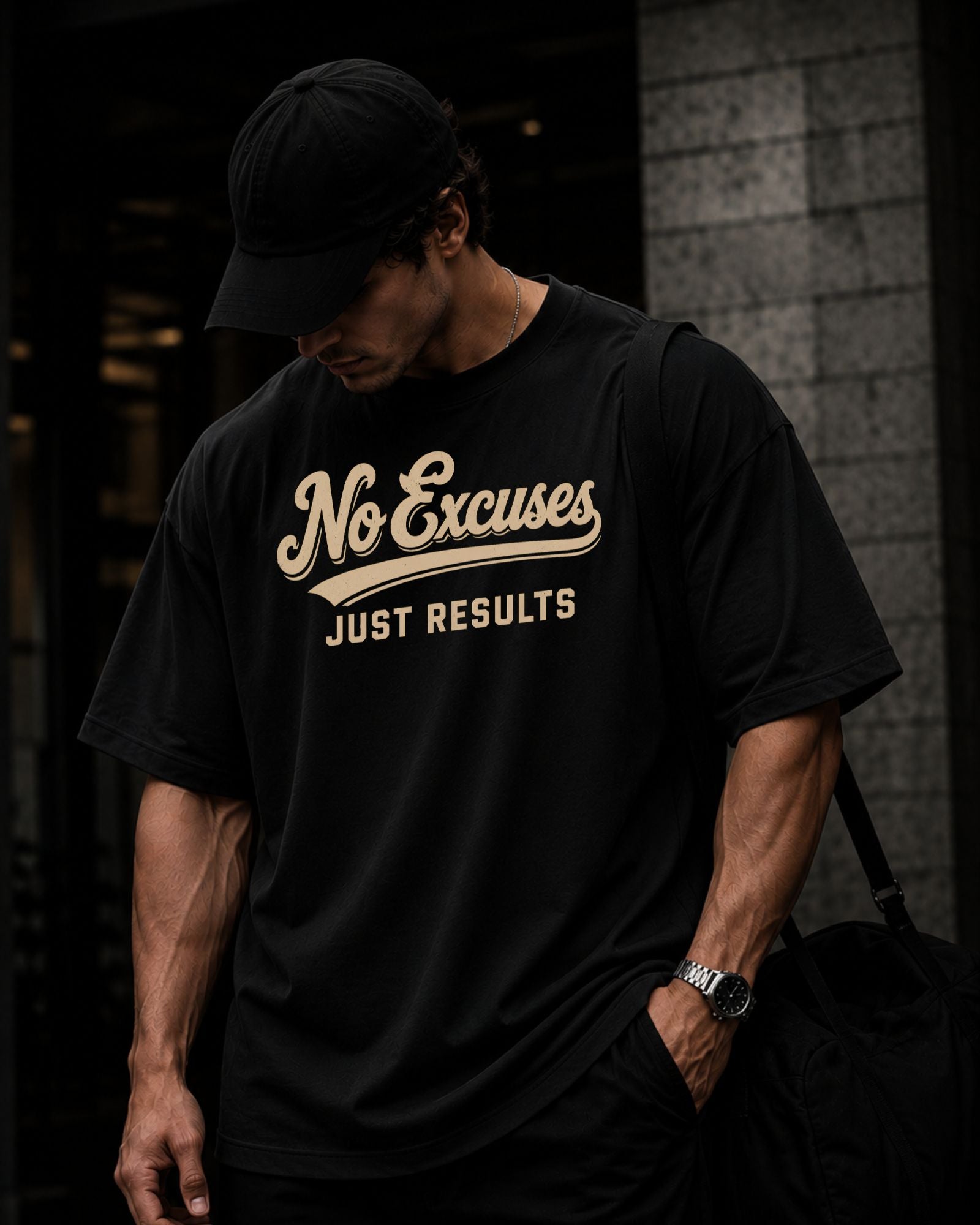 Modelo usando polo oversized NO EXCUSES JUST RESULTS para gym y streetwear COLOR NEGRO