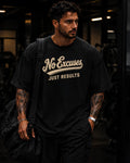 Modelo usando polo oversized NO EXCUSES JUST RESULTS para gym y streetwear