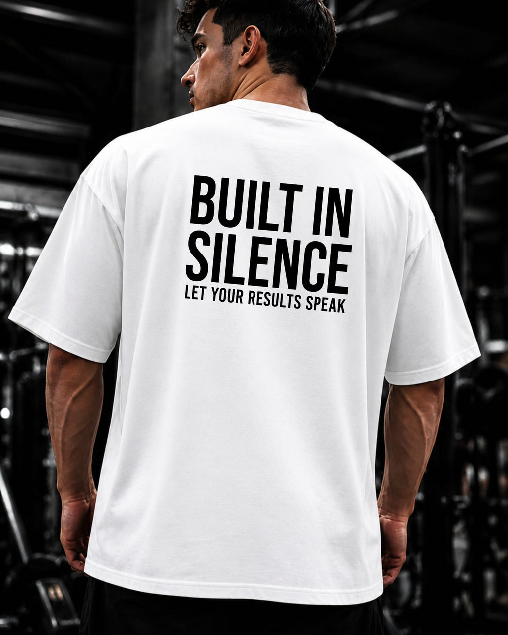 Polo oversize gym con frase "BUILT IN SILENCE"