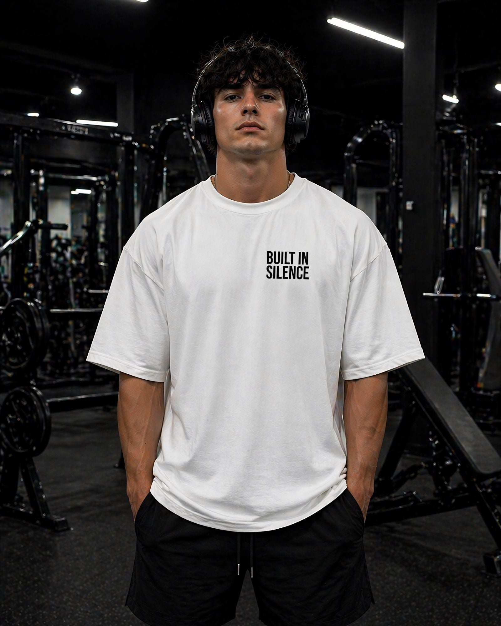 Polo oversize gym con frase "BUILT IN SILENCE"