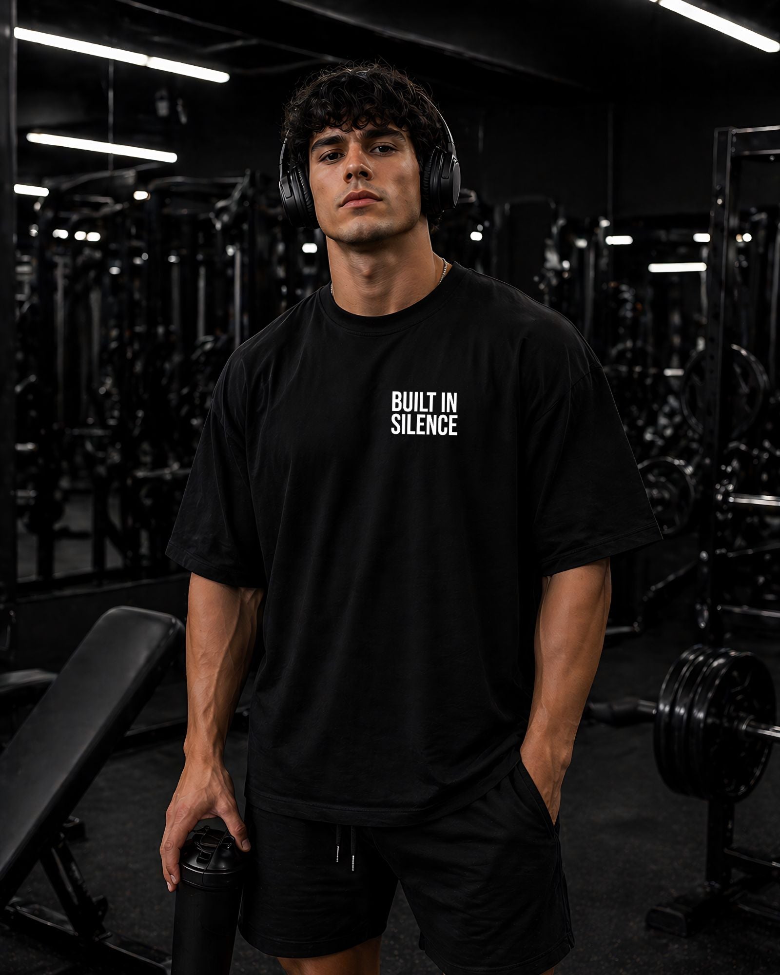 Polo oversize gym con frase "BUILT IN SILENCE"