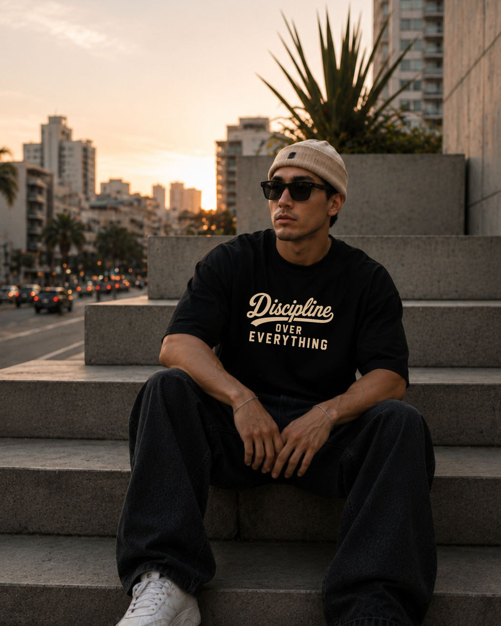 modelo usando polo streewear color negro sentado