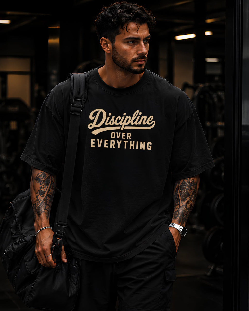 modelo usando polo streewear saliendo del gym