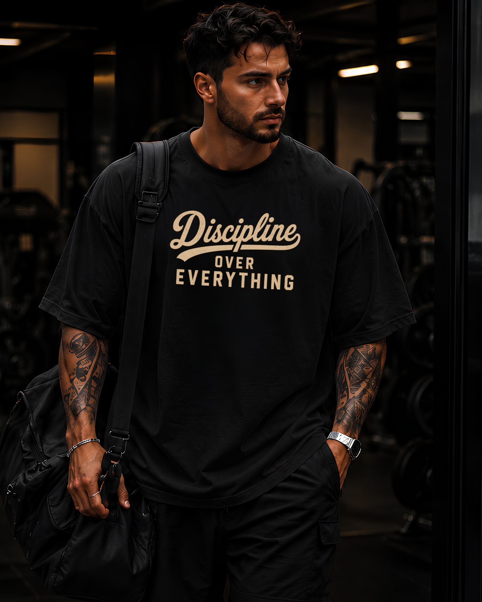 modelo usando polo streewear saliendo del gym