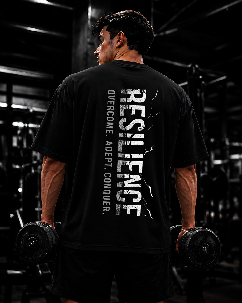 Modelo usando polo oversized RESILIENCE para gym y streetwear color negro