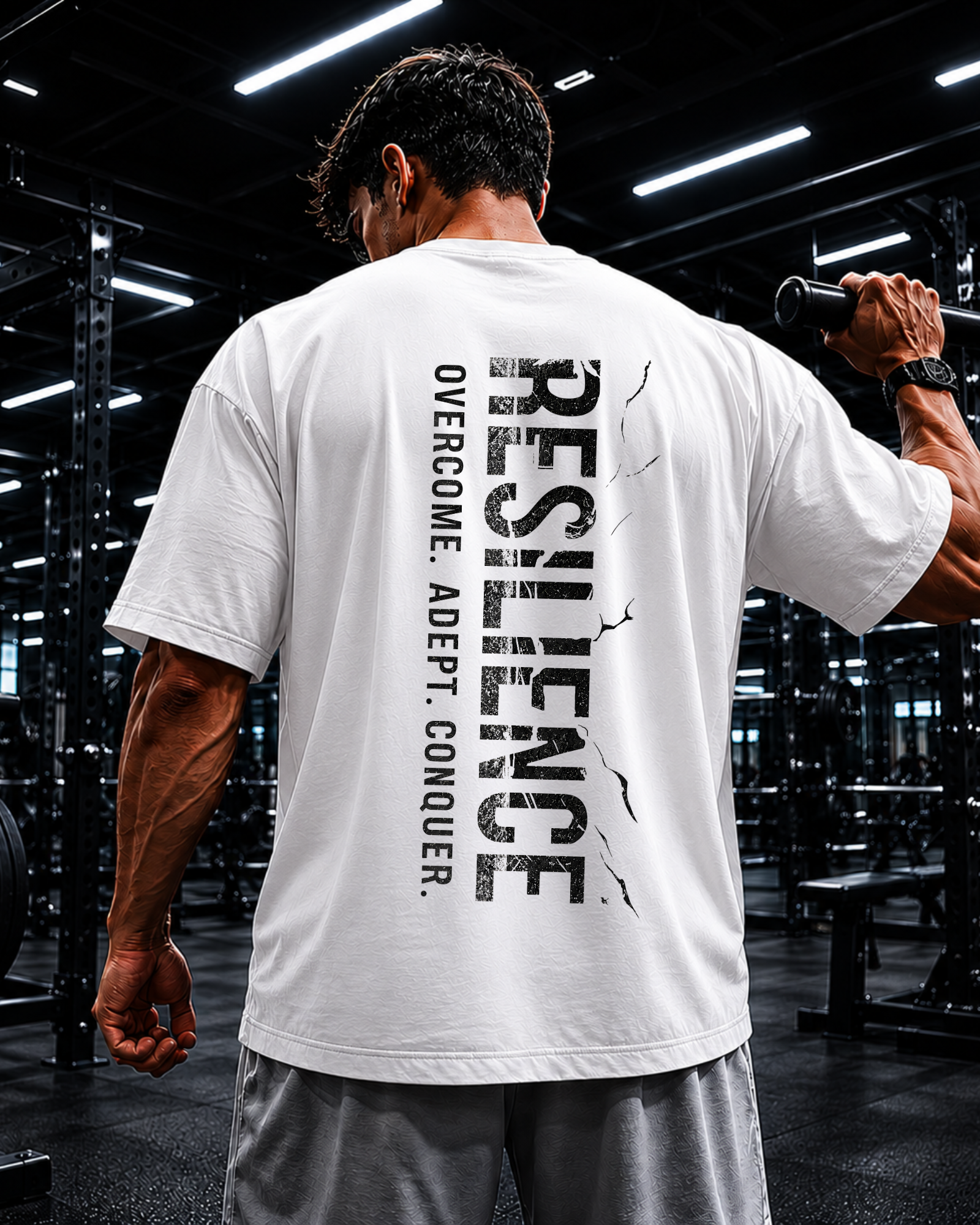 Modelo usando polo oversized RESILIENCE para gym y streetwear