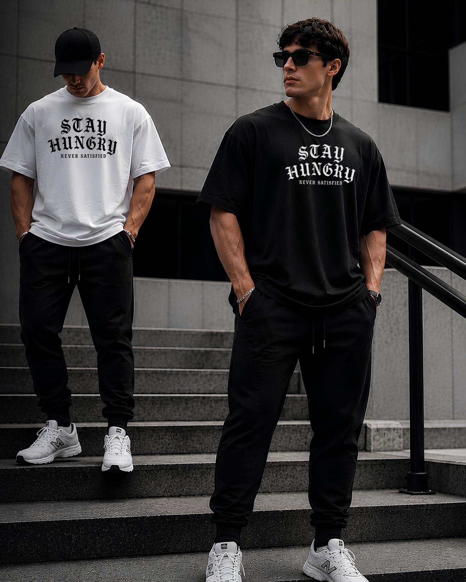 Polo oversized heavyweight STAY HUNGRY NEVER SATISFIED estilo athletic streetwear blanco ynegro
