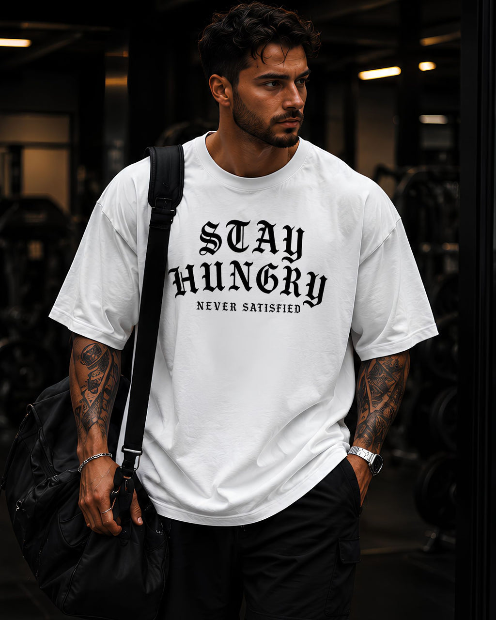 Modelo usando polo oversized STAY HUNGRY NEVER SATISFIED para gym y streetwear