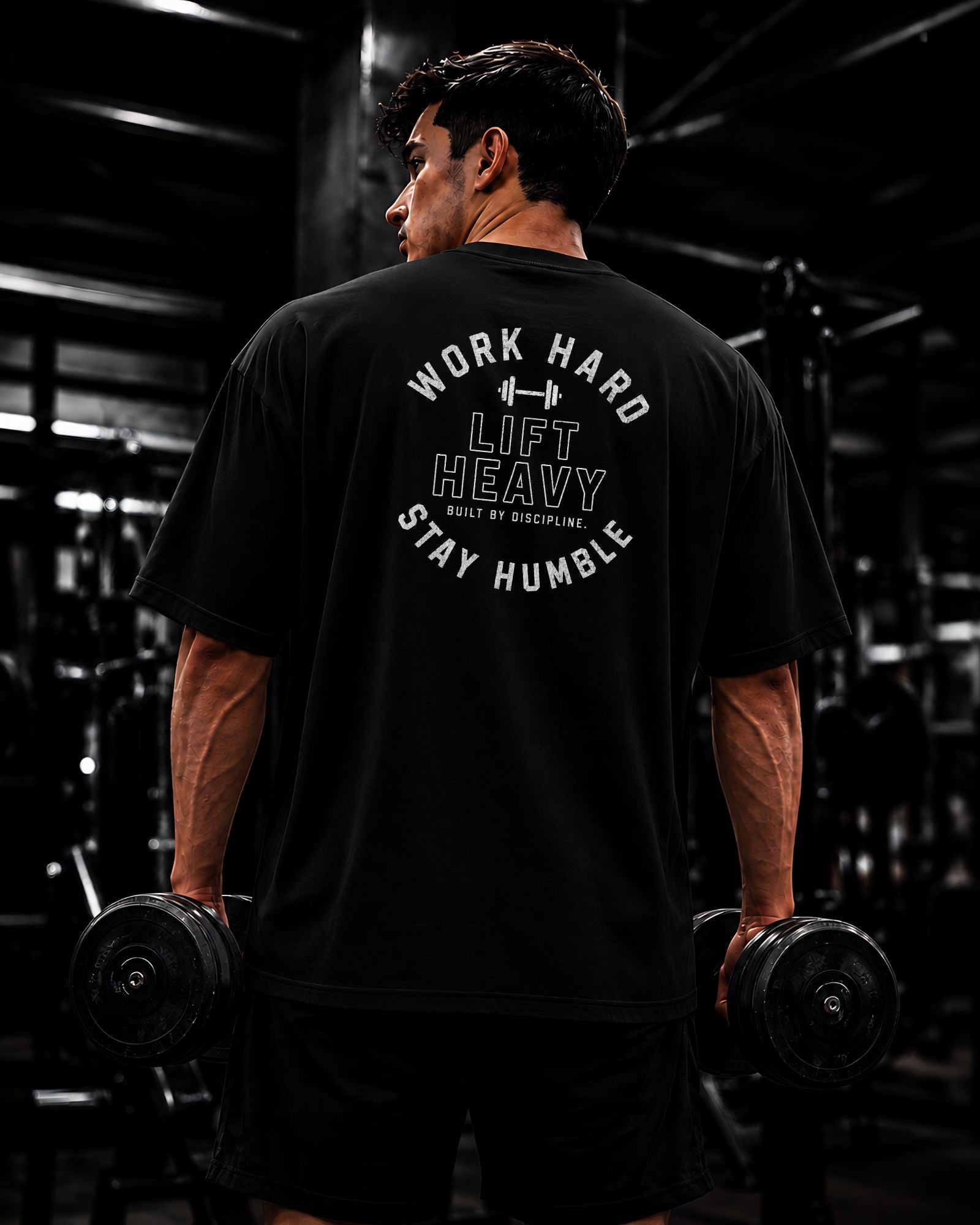 Polo oversize heavyweight WORK HARD STAY HUMBLE para gym y streetwear confeccionado en algodón premium 20/1 color negro